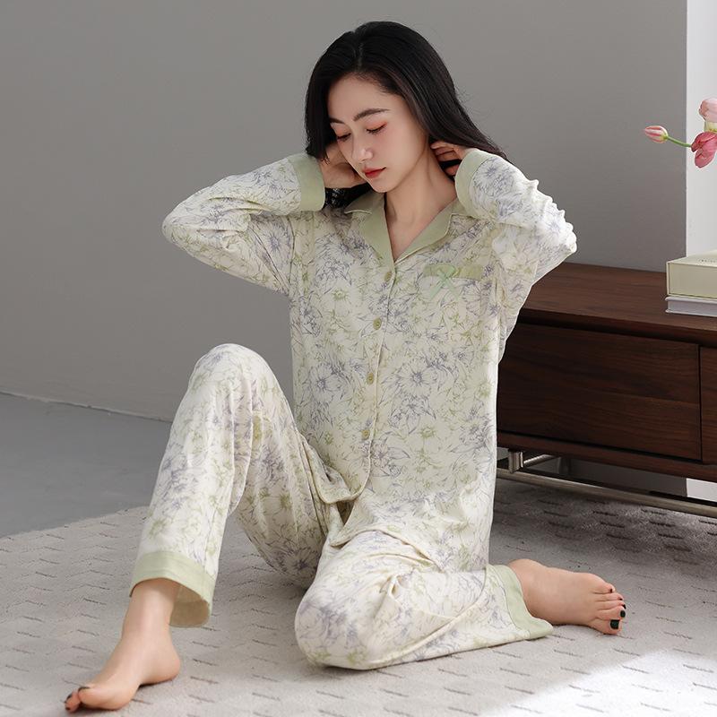 Anti-bumping point with chest pad Spring and autumn women's cardigan loungewear pure cotton long-sleeved lapel two-piece pajamas women's suit