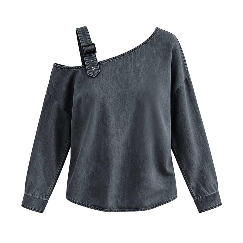 Denim Off-the-Shoulder Long Sleeve Oversized Casual Loose Tops Women Spring Autumn T-shirt