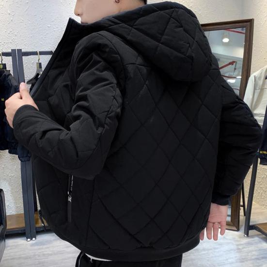 Men Cotton Coat Hooded Long Sleeve Solid Color Zipper Placket Quilted Jacket Elastic Hem