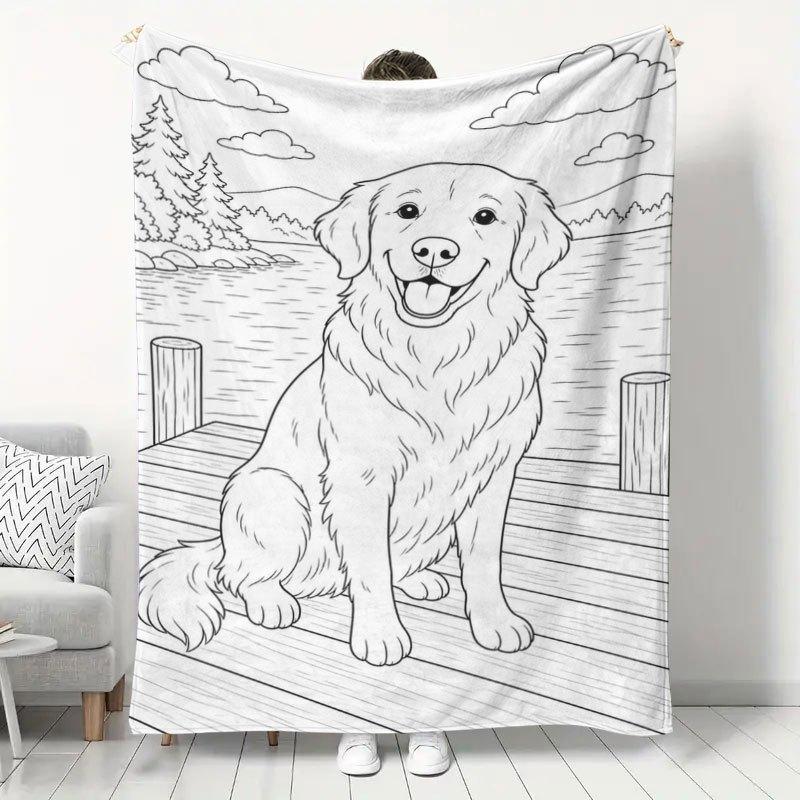 1pc Coloring Cute Golden Retriever Lakeside Illustration Flannel Blanket Warm And Skin-Friendly Nap Blanket Bedroom Living Room Sofa Universal Throw B