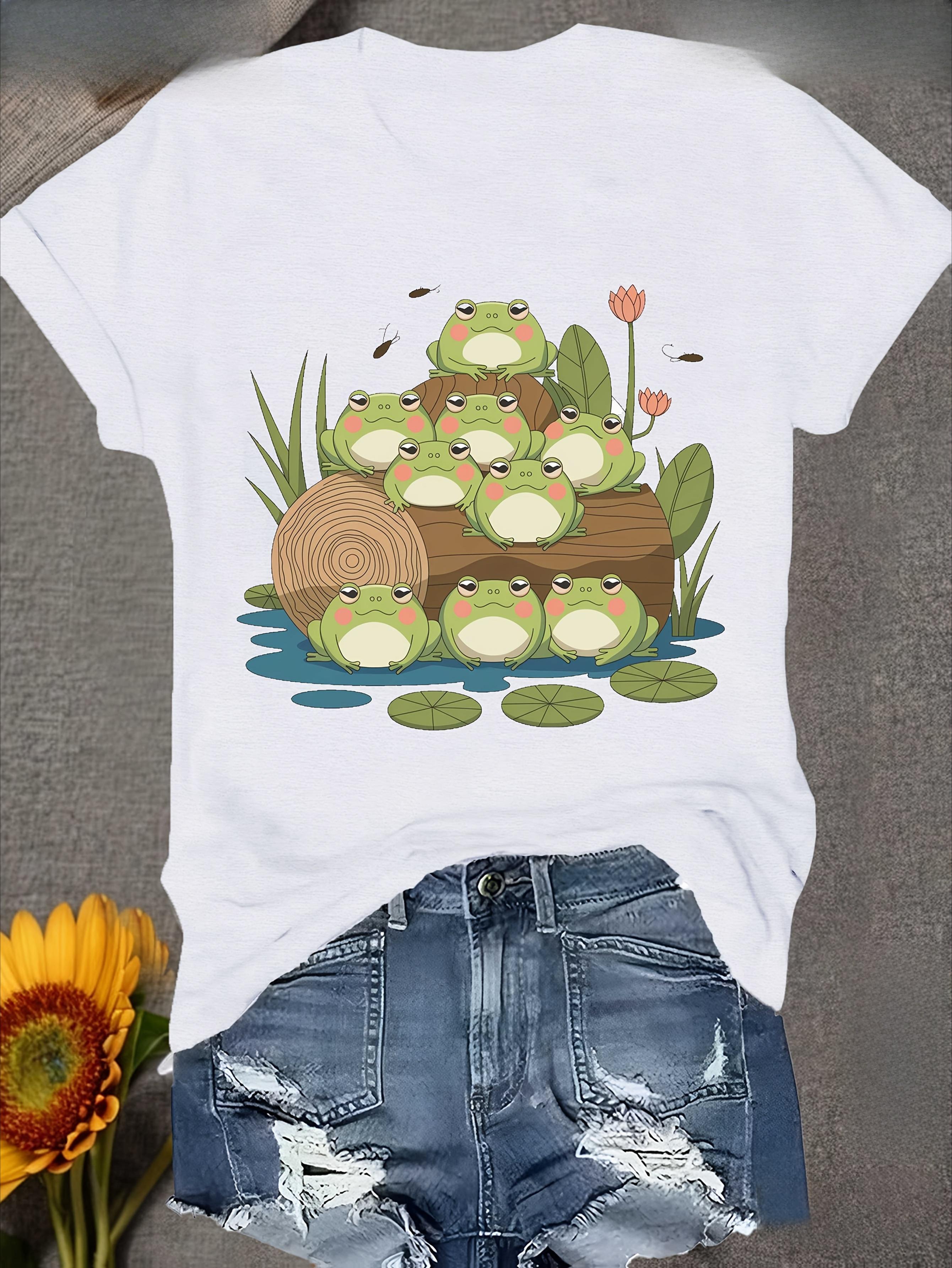 

Chubby Cartoon Frogs Cartoon Printed Womens Short Sleeve Crew Neck TShirt Comfortable Soft Women Casual Streetwear 4XL