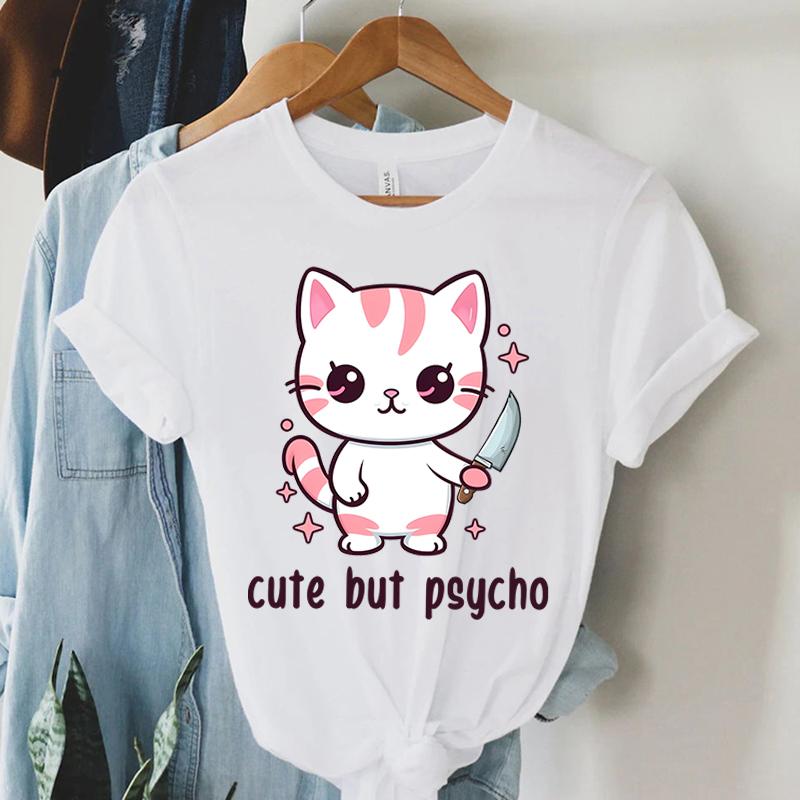 Mode Unisex T-Shirt Katze Niedlich Aber Psycho Aufdruck Designt Sommer Tops Tees Damen Lässige Oberteile Shirt