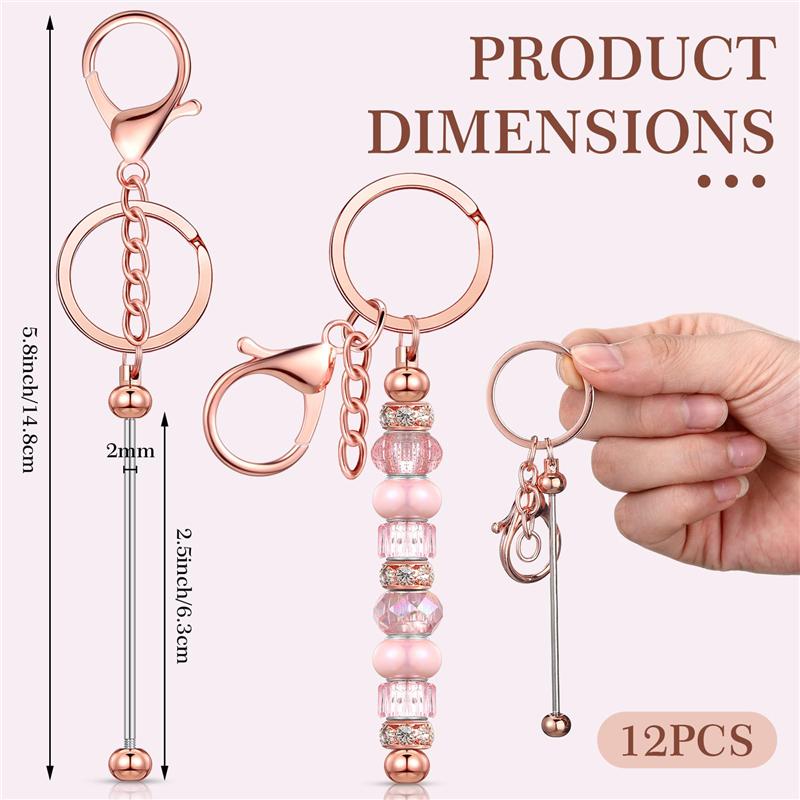 M-Modern-12 Pcs Beadable Keychain Bars For Beads Blank Keychain Beaded Keychain For Keychain DIY Projects Pendant Rose Gold Easy