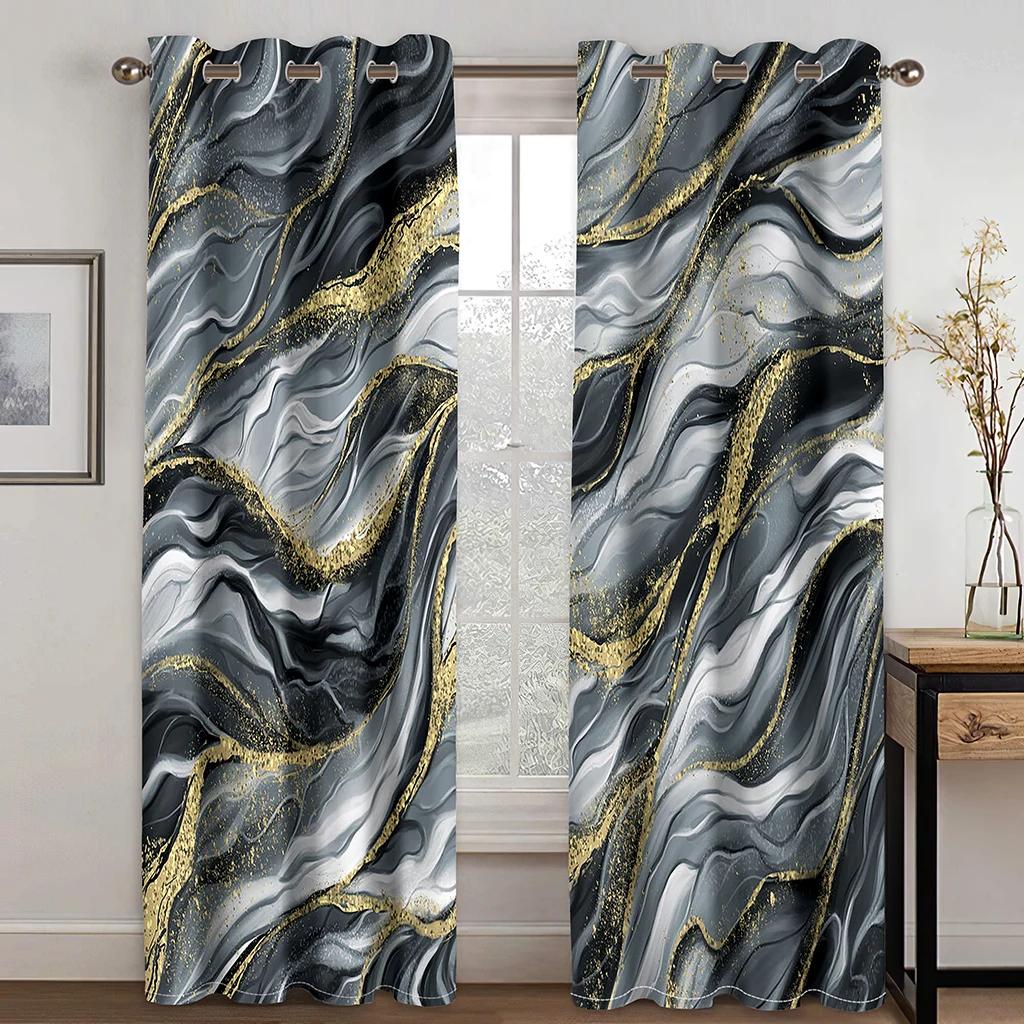 Modern Black Gald Marble Texture Crack Thin 2 Pieces Light Filtering Curtain for Living Room Bedroom Home Window Drape Decor