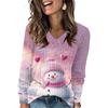 Women's Fashionable Loose-Fit V-Neck Long-Sleeved T-Shirt Christmas Print Pullover