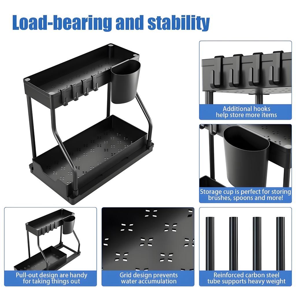 Under Sink Pull-Out Organizer | Rust-Resistant Carbon Steel Tray with Hooks | No-Tool Assembly for Bathroom & Kitchen Cabinets