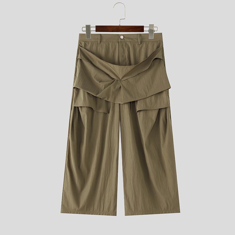 INCERUN Men High Waist Zip-up Ruffled Casual Deconstructionist Style Long Pants Trousers S