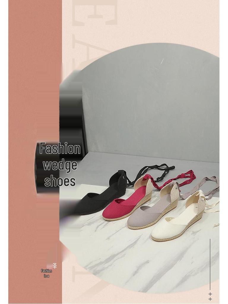 Women's Lace-Up Wedge Heel Straw Sandals - 2024 Spring/Summer Fashion Collection