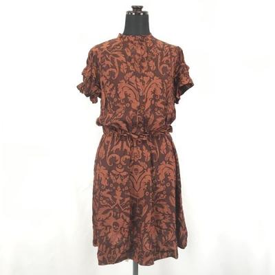 KAREN WALKER / %100 İpek Kısa Kollu Elbise [Kadın 8 / M / Turuncu × Kahverengi Desenli / Kurukafa Tasarımlı](KULLANILMIŞ)