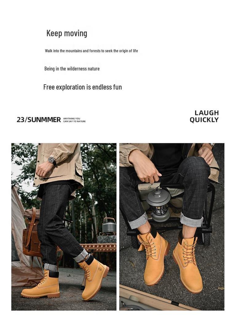 Męskie Duże Żółte Buty Robocze Martin Wysokie, Styl Brytyjski, Średniej Wysokości, Modne Buty Zimowe, Dostępne w Dużych Rozmiarach.