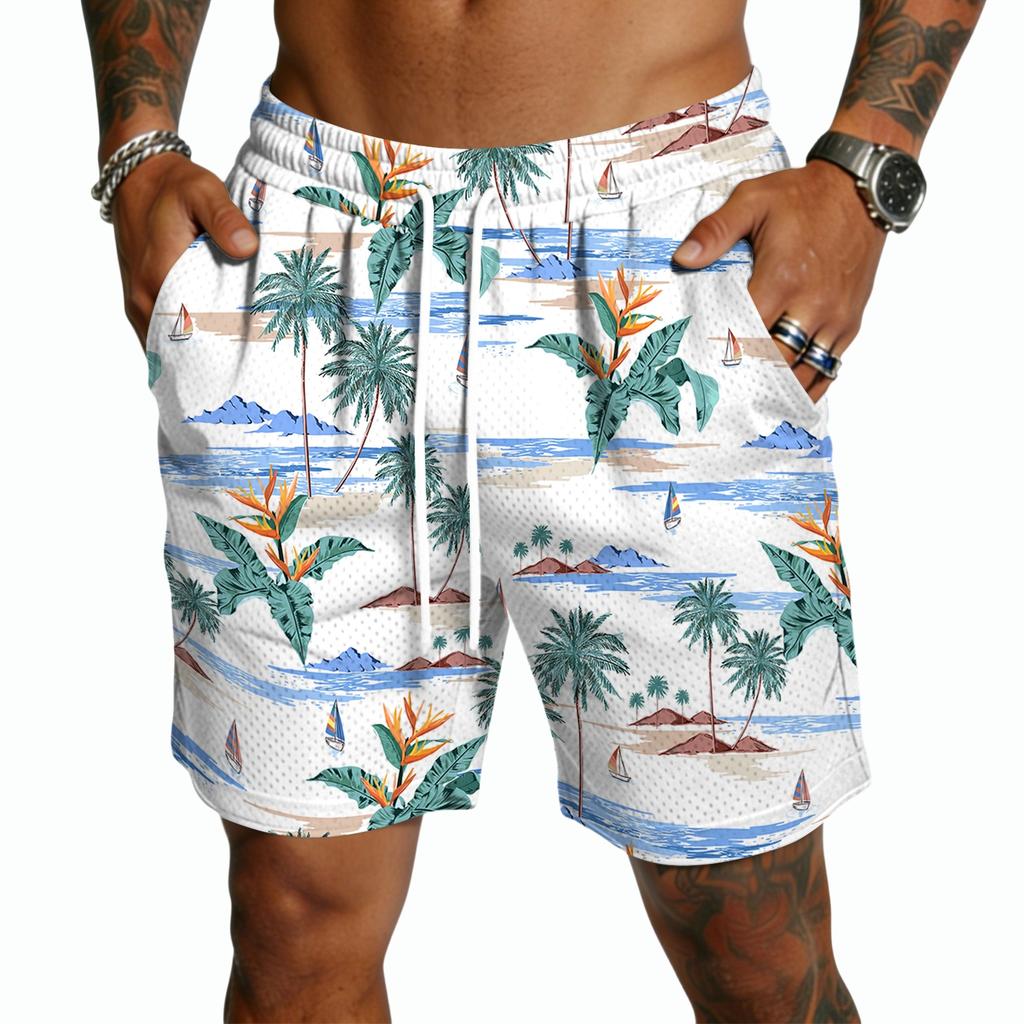 Pantaloncini da uomo a stampa hawaiana ad asciugatura rapida - Pantaloncini casual leggeri con coulisse e tasche, Costumi da bagno estivi da spiaggia di media lunghezza
