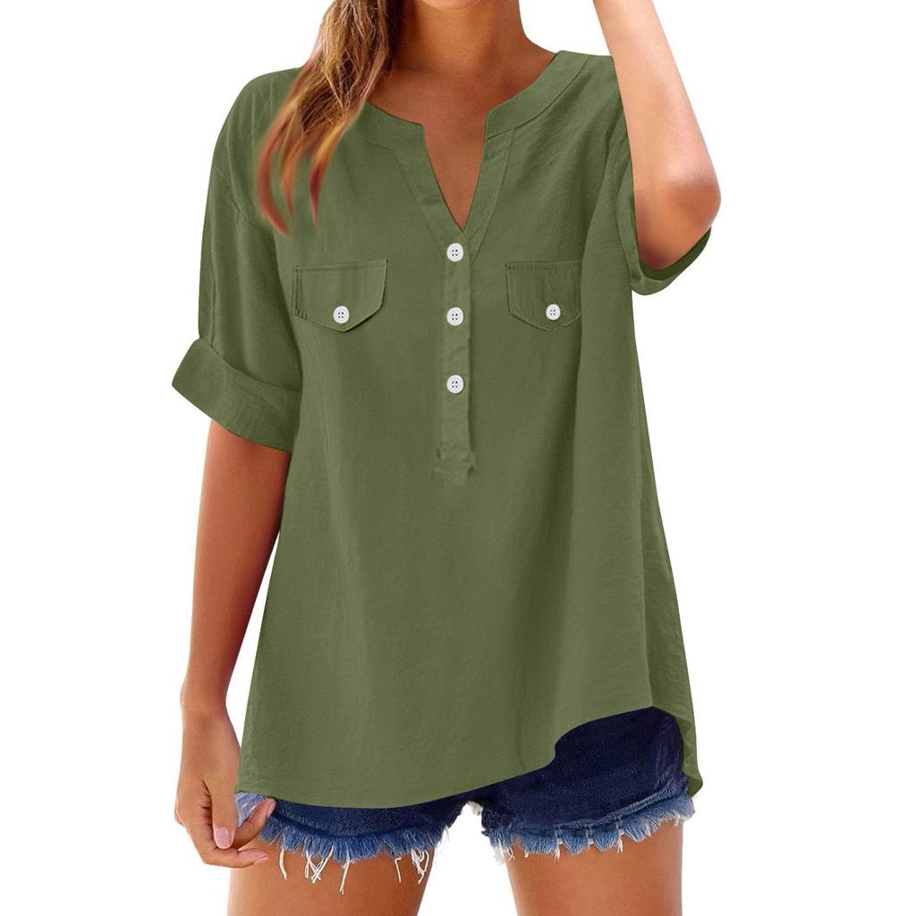 Damenmode Lockeres Lässiges Sommer-T-Shirt mit V-Ausschnitt und kurzen Ärmeln