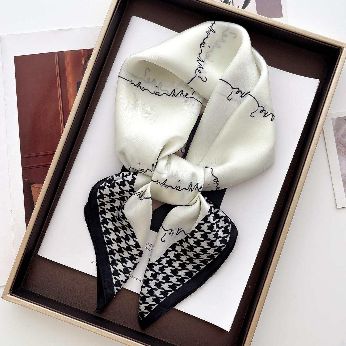 

Luxury White Print Scarf For Women Elegant Bag Handle Ribbon Ladies Headband Hair Shawl Band Female Neckerchief 70*70cm Bandanas