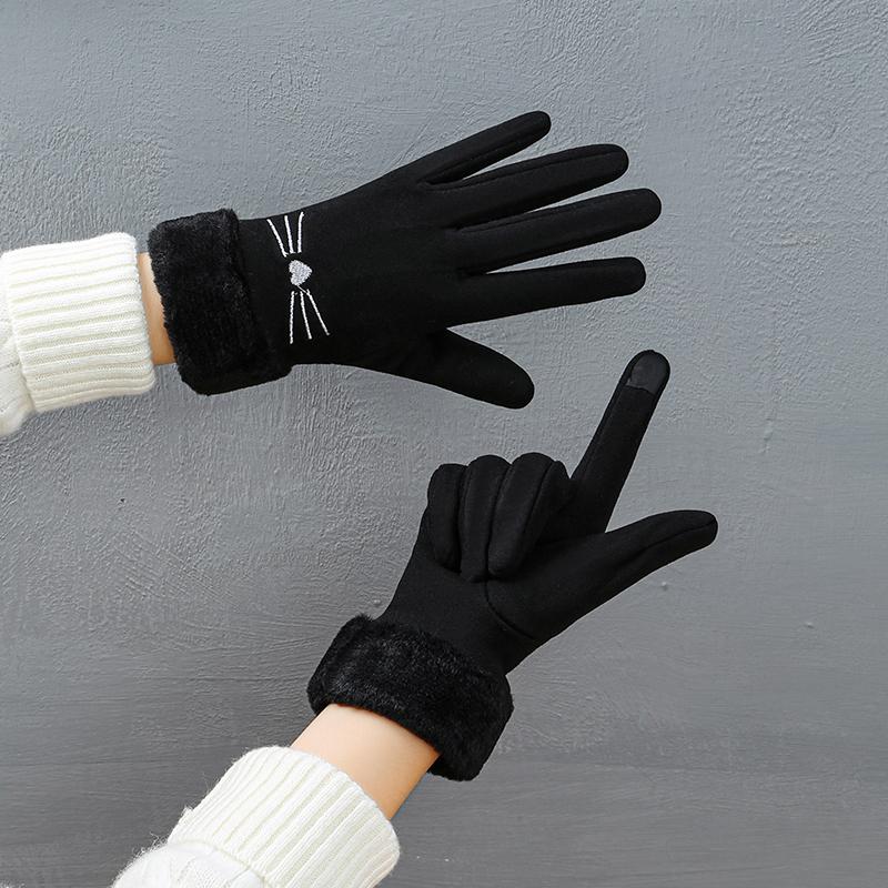 Winter Women'S Warm Gloves Have Windproof With Cute Cat And Cold Resistant Properties Thick Fur Lining And Touch Screen Gloves