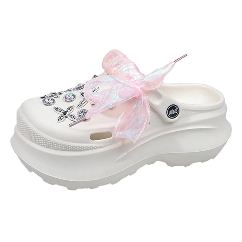 Fashion Luxury Rhinestone Chunky Sandals Women Laser Ribbon Platform Clogs Slippers Woman 2025 Summer Thick Bottom Garden Shoes Female