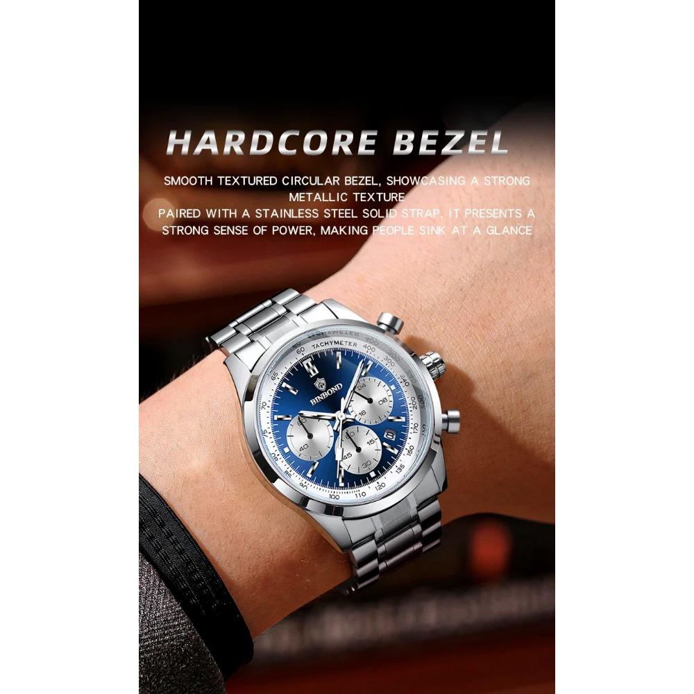 BINBOND Top Brand Luxury Man Watches Waterproof Luminous Date Chronograph Men's Quartz Watch Stainless Steel Sports Watch