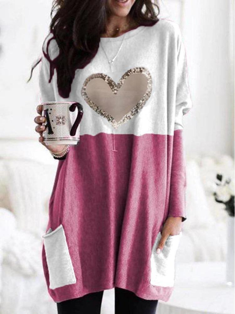 

2026 Women Love Print Round Neck Tee Loose Long Sleeve Contrast Colors Wish S