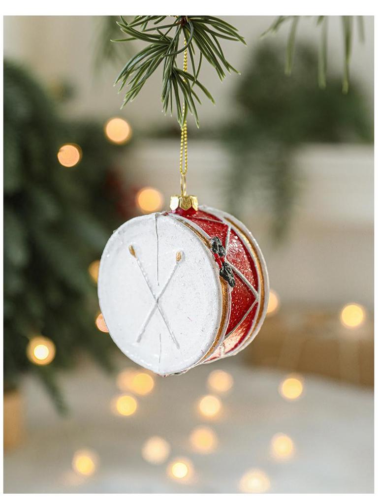 Red & White Painted Wooden House Christmas Ornaments: Car, Gift Cane, Donut, & Cloth Pendants