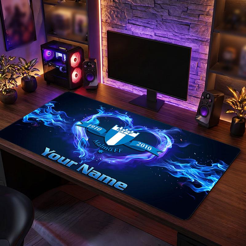Malmö FF Custom Large Mouse Pad, Personalized Name Text Print, Football Logo Non‑Slip Desk Mat Gaming Gift