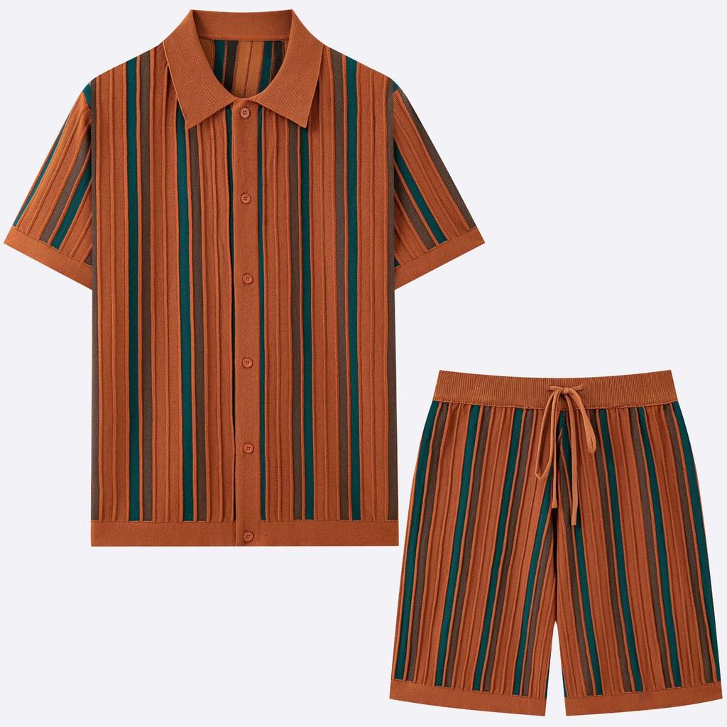 Men's 2 Piece Outfits Summer Short Sets Vintage Knit Button Down Shirt Short Sleeve Polo Casual Beach Suits Shirt Top and Shorts Matching Set for Male