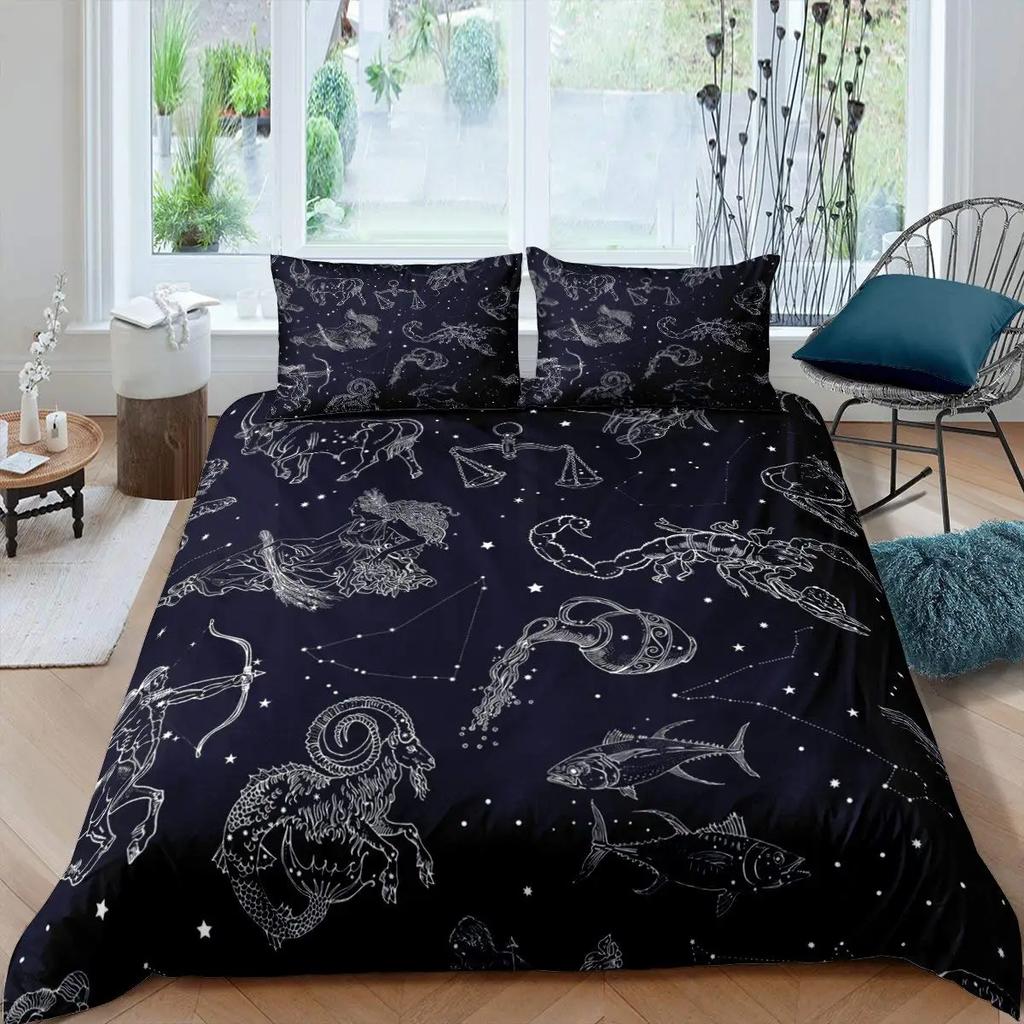 Horror House Duvet Cover Set Art Pentagram Goat Skull Devil Dream Hooded Exorcist Image Decorative Bedding SetKing Size Blue