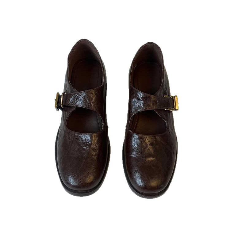 College style sheepskin versatile Mary Jane 2025 round head thick medium heel leather square buckle single shoes women's retro college