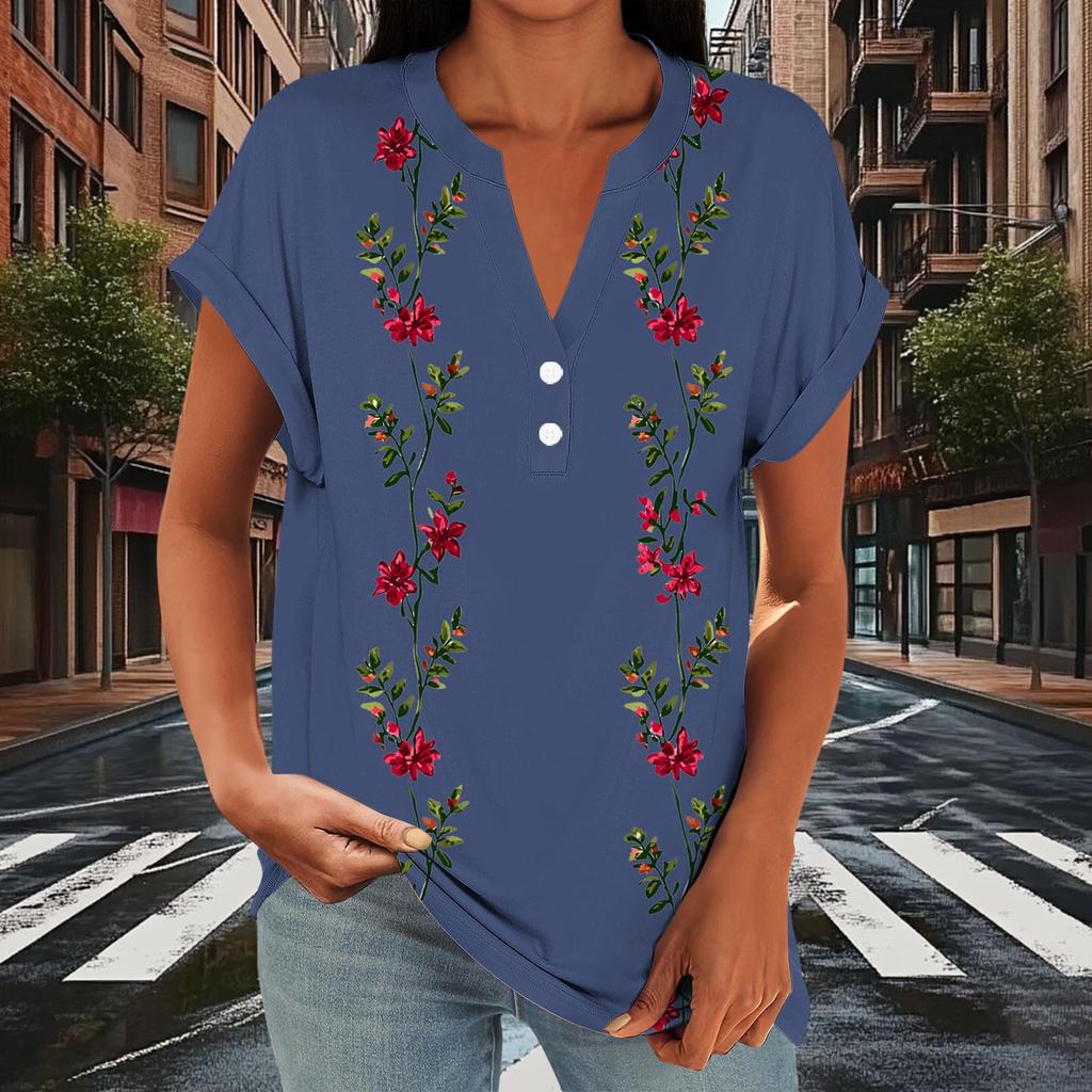 Women Casual Loose Fit Short Sleeve V Neck Button Floral Print Top Lightweight Summer Blouse