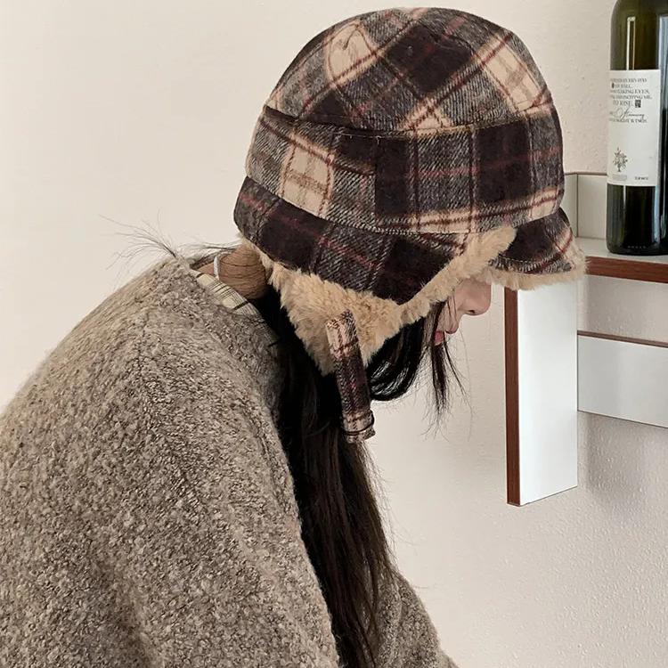 WTEMPO Retro Plaid Printed Women's Autumn Winter Retro Hats Solid Color Casual Versatile Warm Ear Protection Plush Inner Hats