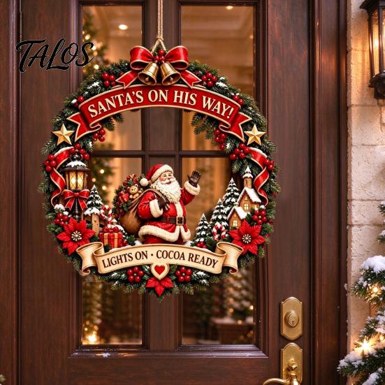 Winter Festival Wall Hanging Santa Claus Wooden Door Hanger for Christmas Decorations, Retro Holiday Sign with Bows Bells Indoor And Outdoor