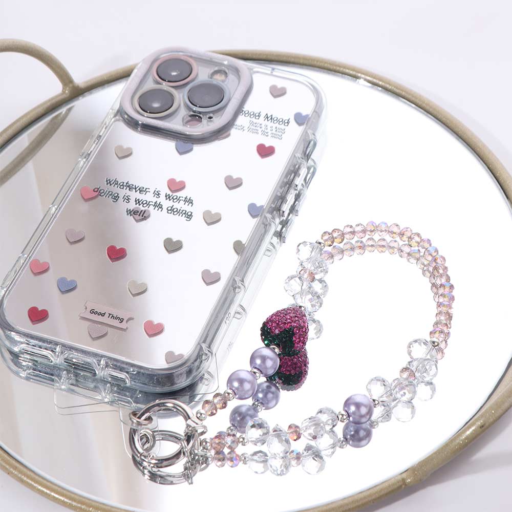 Short Bling Strawberry Phone Chain With Clip Pearl Mobile Phone Lanyard  Female Lady Girl