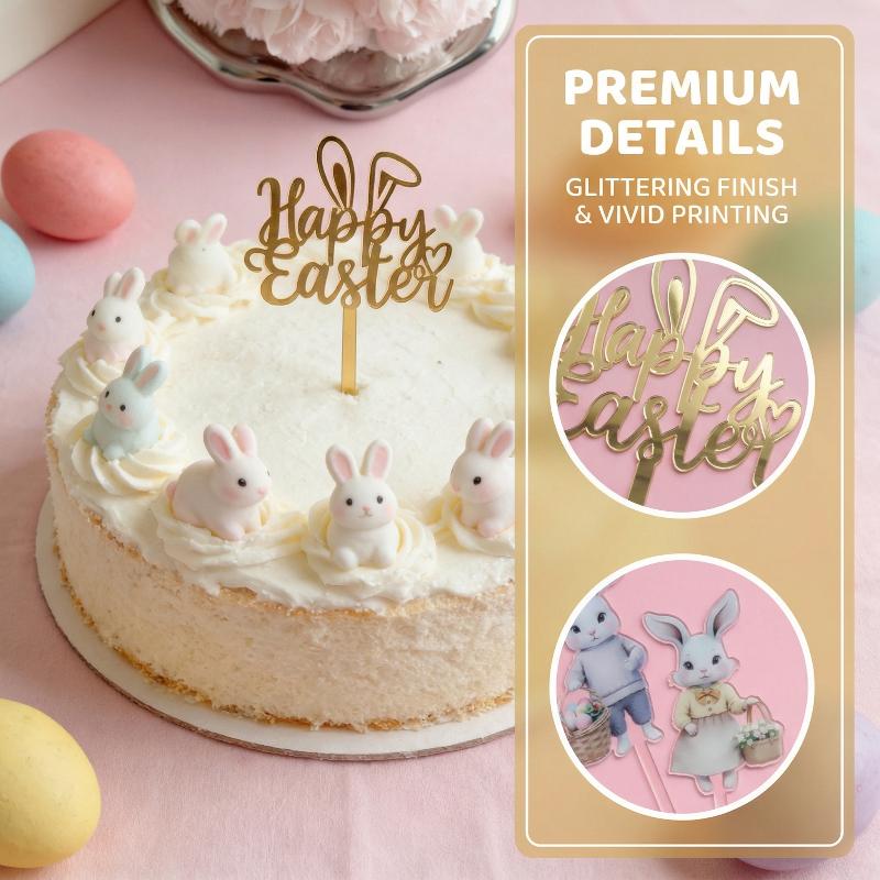 Colored Rabbit Easter Happy Cake Topper Dessert Decorations Gold Acrylic Kids Party Festival Cake Toppers Easter Baking Supplies