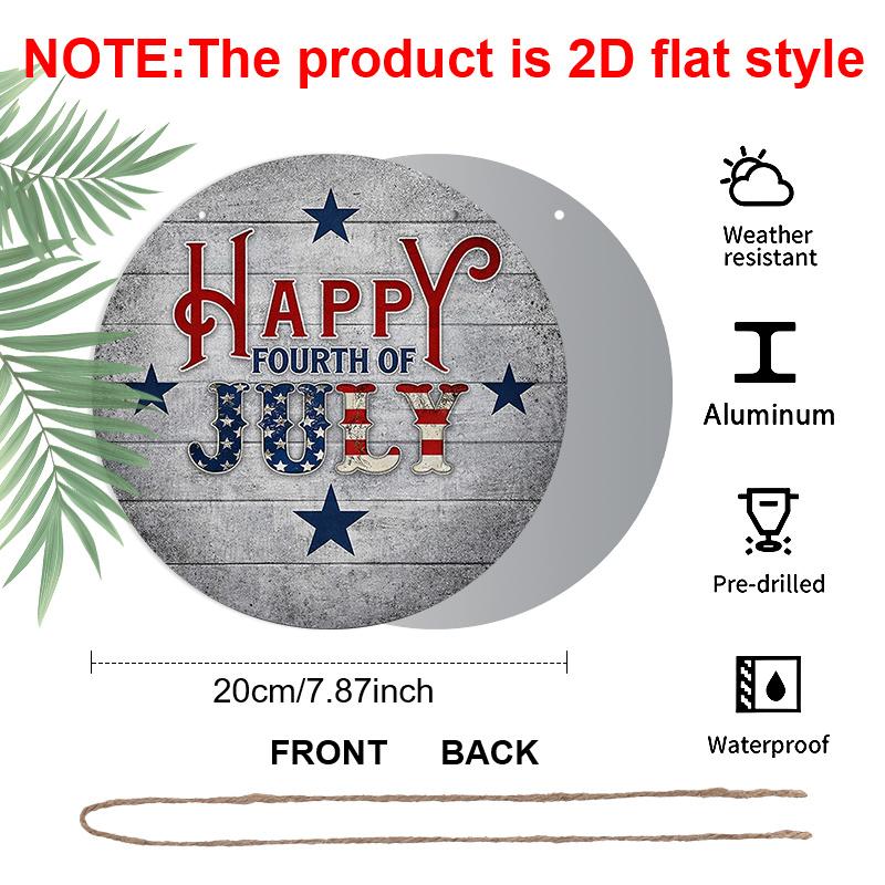 2D Flat, 1pc Round "Happy Fourth of July" Aluminum Hanging Sign, Patriotic USA Flag Star Letter Design, Rustic Wooden Background Metal Wall Decor