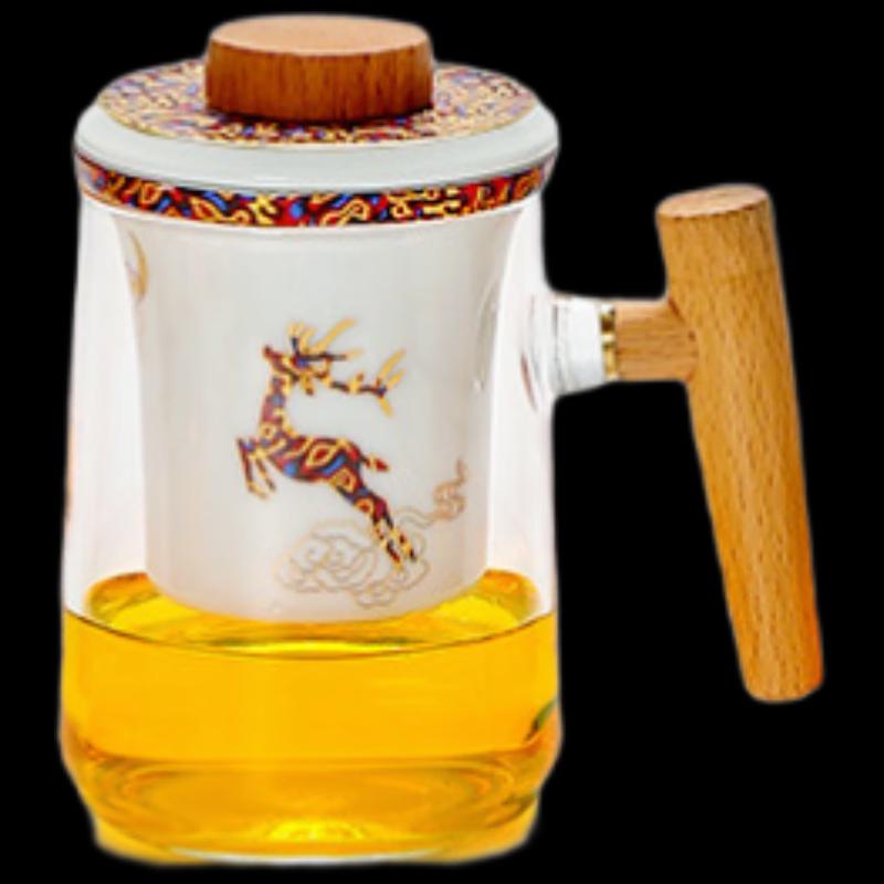 TLAKEHO Deer Design Ceramic Tea Infuser Mug with Wooden Handle and Lid