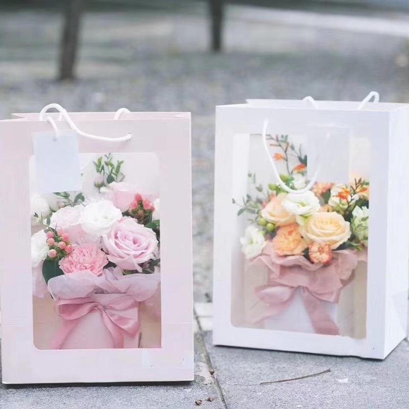 Transparent Window Gift Packing Bag with Handles Portable Flower Bag Birthday Party Wedding Christmas Valentine's Day Gift Bag