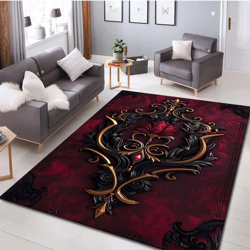 Red Black Gold Baroque Damask Print Carpet Plush Flannel Rug Living Room Bedroom Home Decor Area Rug Non Slip Floor Mat