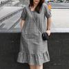 ZANZEA Women Casual Square Collar Short Sleeve Grid Print Dress