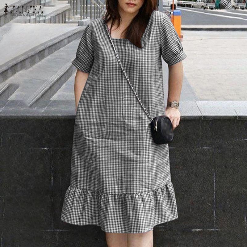 ZANZEA Women Casual Square Collar Short Sleeve Grid Print Dress
