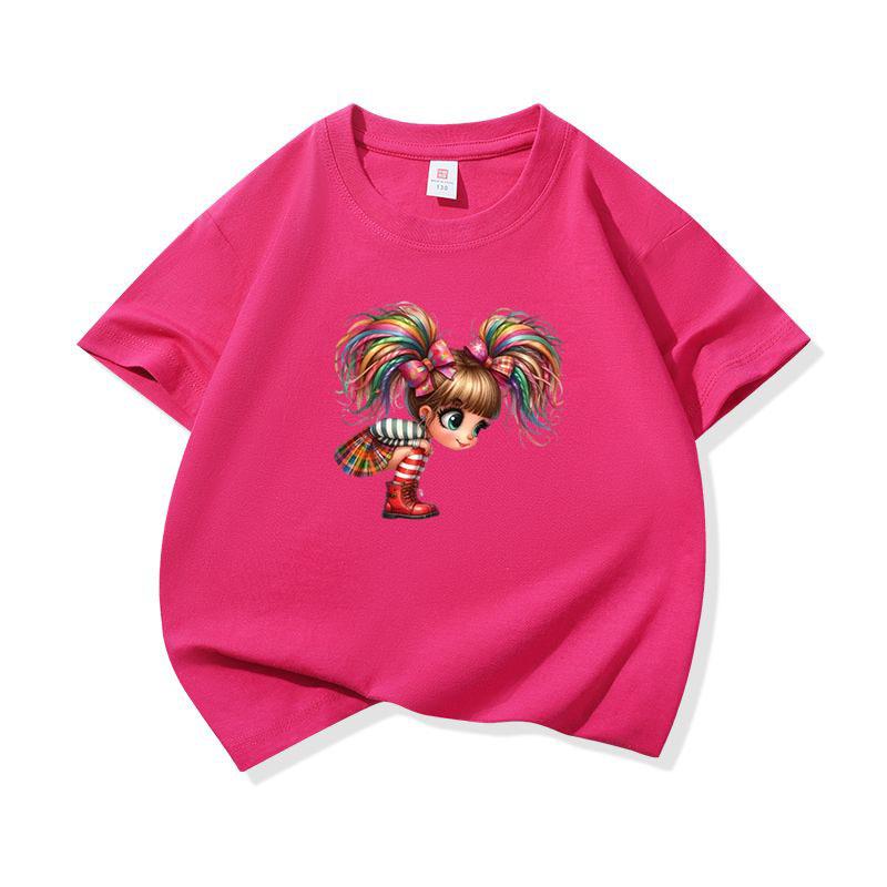 Kids Cotton T Shirt Rainbow Hair Girl Wear Plaid Skirt Print Crew Neck Short Sleeve Tee Casual Boys Girls Summer Tops