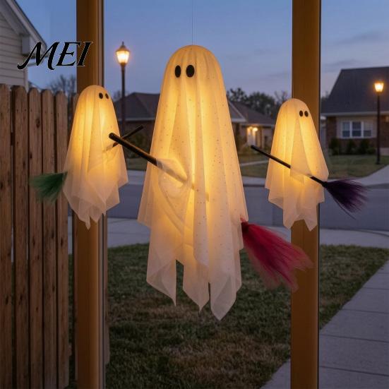 Hanging Ceiling Party Accents 3 Pcs Halloween Ghost Decorations, Spooky with Broom, Outdoor Seasonal Supplies Large Flying White for Tree Porch