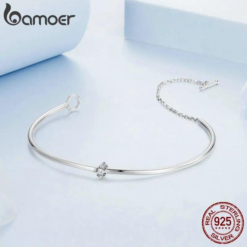 BAMOER 925 Sterling Silver Simple Zircon Bangle Shiny Star Bracelet for Women Valentine's Day Gift Platinum Plated Fine Jewelry