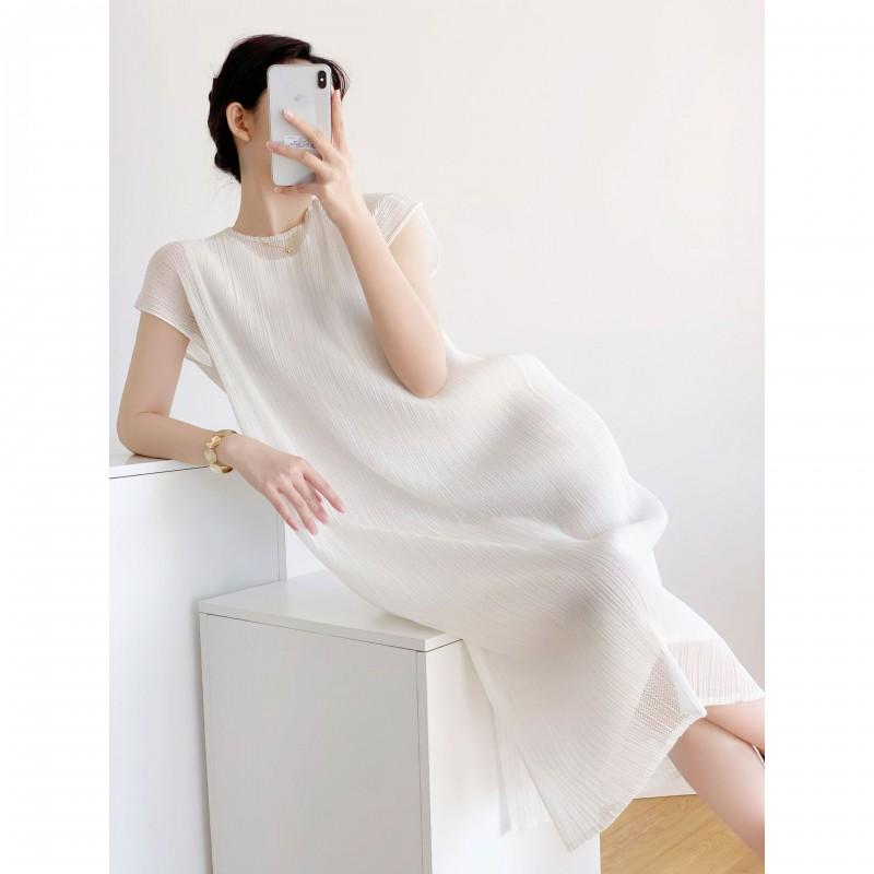 Elegant Pleated Mesh Overlay Dress Womens Loose Fit U-Neck Midi Sleeveless Office Chic