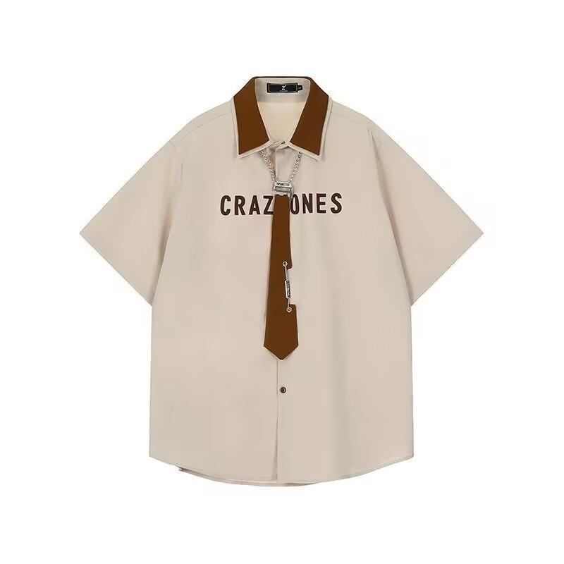 Color Blocked Lapel Tie Women's Short Sleeved Shirt American Vintage College Style Ladies Blouses Loose Casual Tops