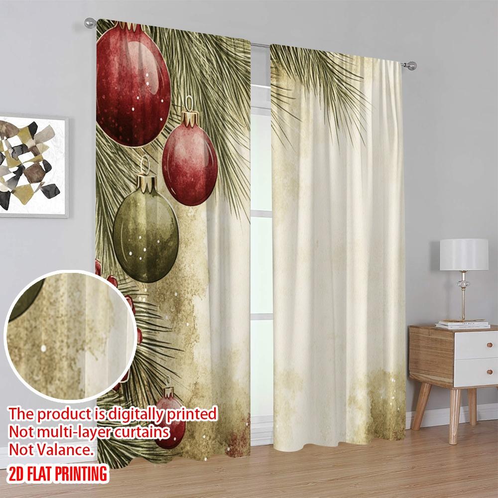 2 Stück, 2D-Flachdruck Vorhangstoff Weihnachtskugeln Kiefernzweige (3) Vielseitiges Polyester (ohne Stange) Perfekt für alle Jahreszeiten