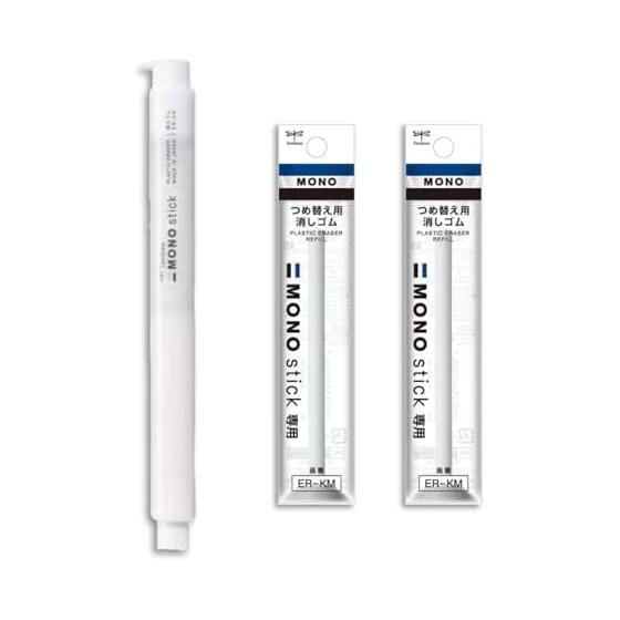 [1 белый + 2 стержня] Карандаш Tombow MONO stick JCC-121E Белый (1 шт.) + Сменный ластик ER-KM (2 шт.) | В комплекте карточка для измерений и заметок