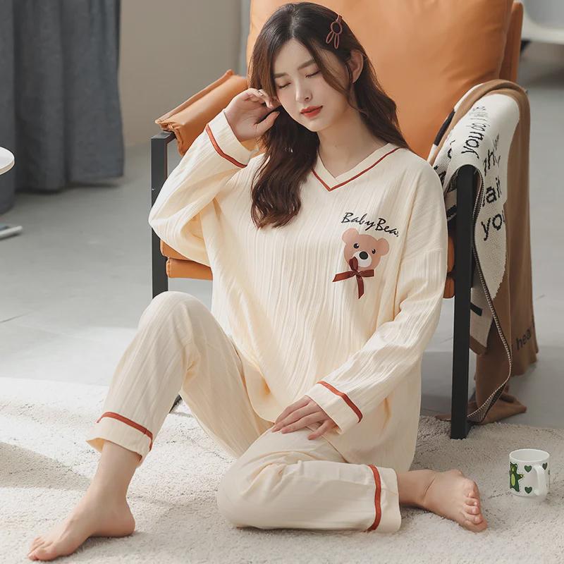 

Женский хлопковый пижамный комплект с V-образным вырезом - длинный рукав, однотонный, с принтом медведя, свободный крой, весна/осень M