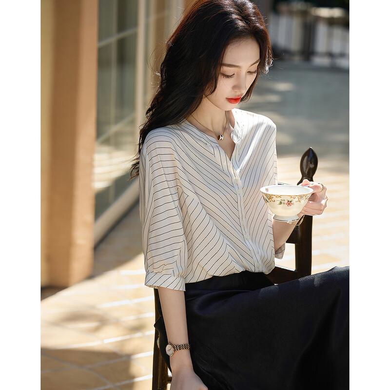 Demana Timeless Striped V-Neck Patchwork Shirt