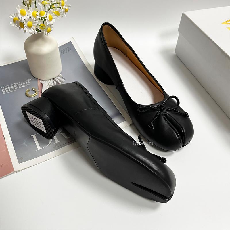 IPPEUM Tabis Shoes Split Toe Ballet Flats Plus Size 43 Women Mary Janes Low Heel Black Leather Ballerinas Zapatos Mujer