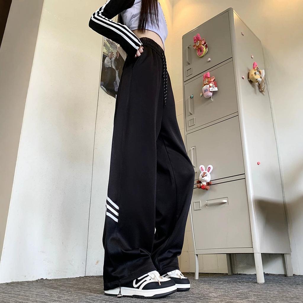 Women's Mid Rise Wide Leg Pants Straight Fit Striped Casual Trousers