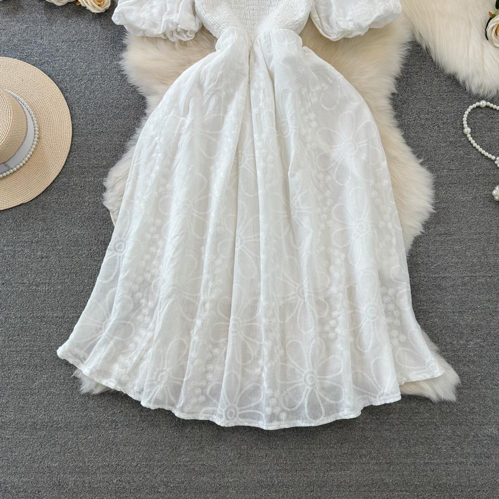 Fashion Dress for Women Square Collar Puff Sleeve A-line Floral Texture Vestido Womens Solid Color Folds Dresses Summer Dropship