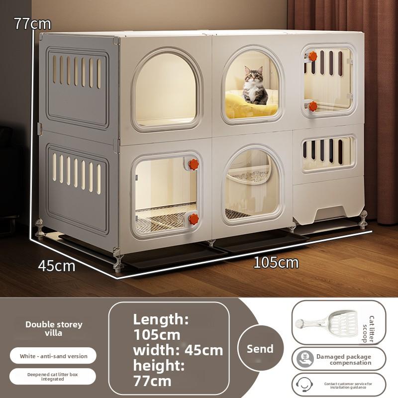 Space Saving Cat Cage with Built-in Litter Box One Room One Bath Pet Villa Indoor Cat House Multi-Level Cats Condo for Home Use